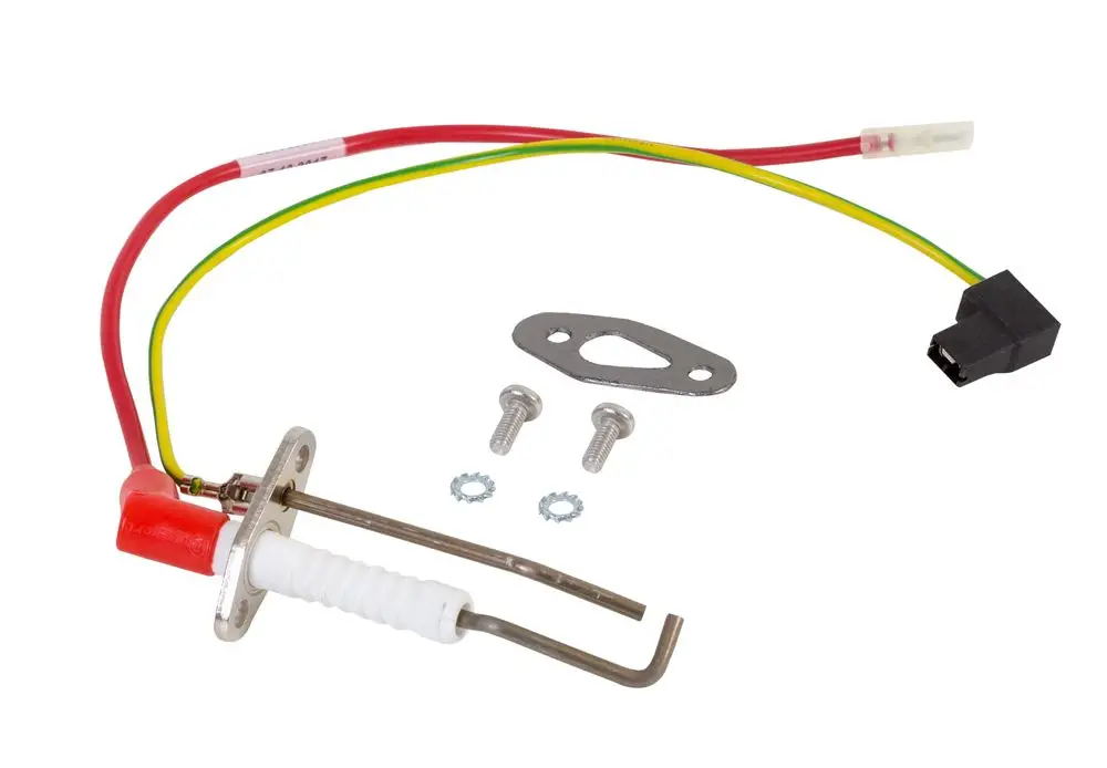 Zünd/Ionisation Elektrode von Remeha mit Kabeln, Anschlussstecker und Montagematerial, inklusive Schrauben und Unterlegscheiben.